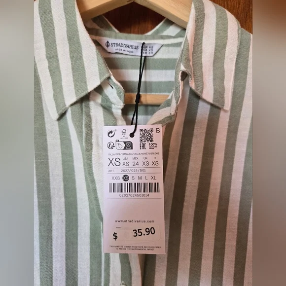 Stradivarius Green White Oversized Button Down Shirt, XS - Picture 4 of 11